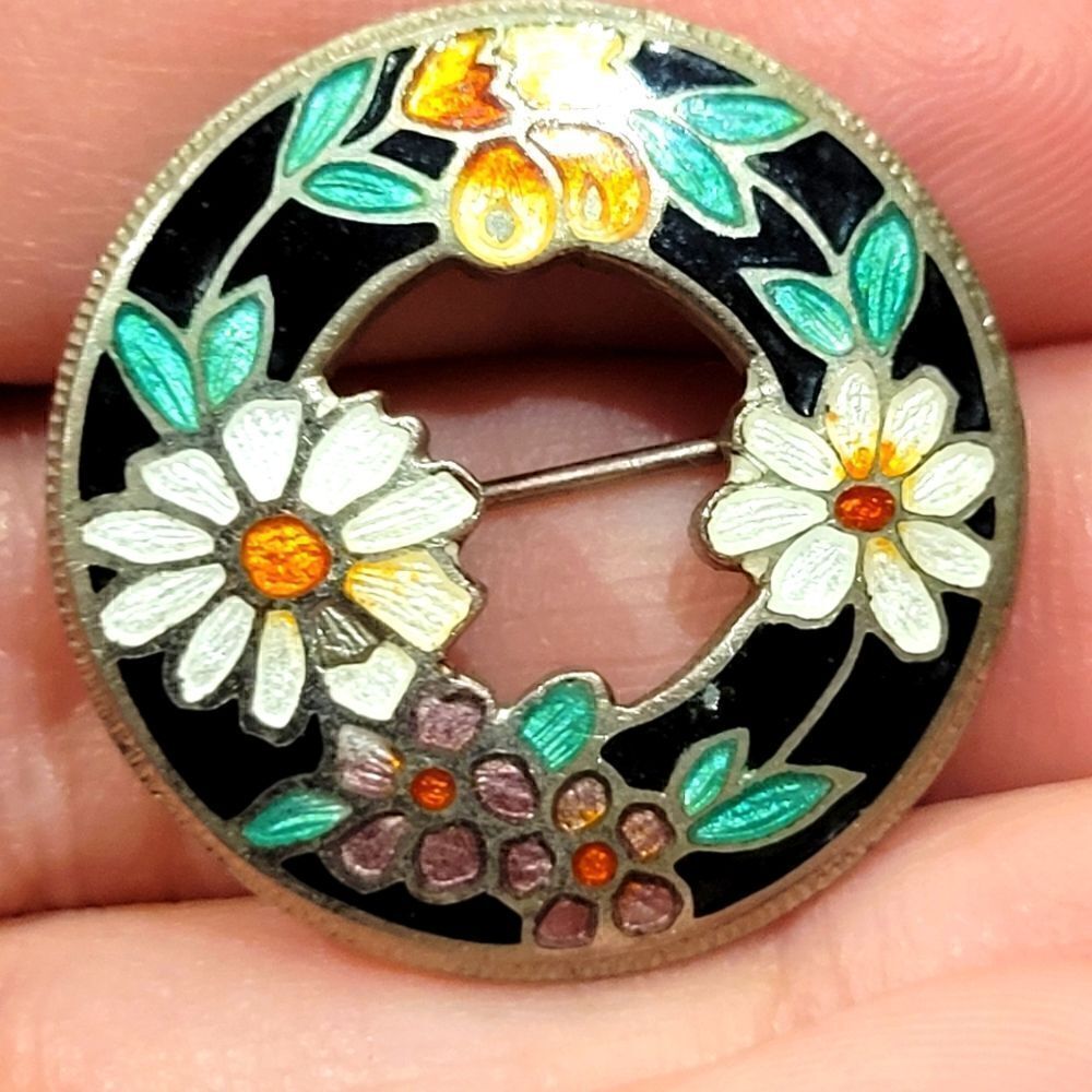 Cloisonne Vtg Gold Toned Multi Color Flowers Leaves Pin / Brooch 2"